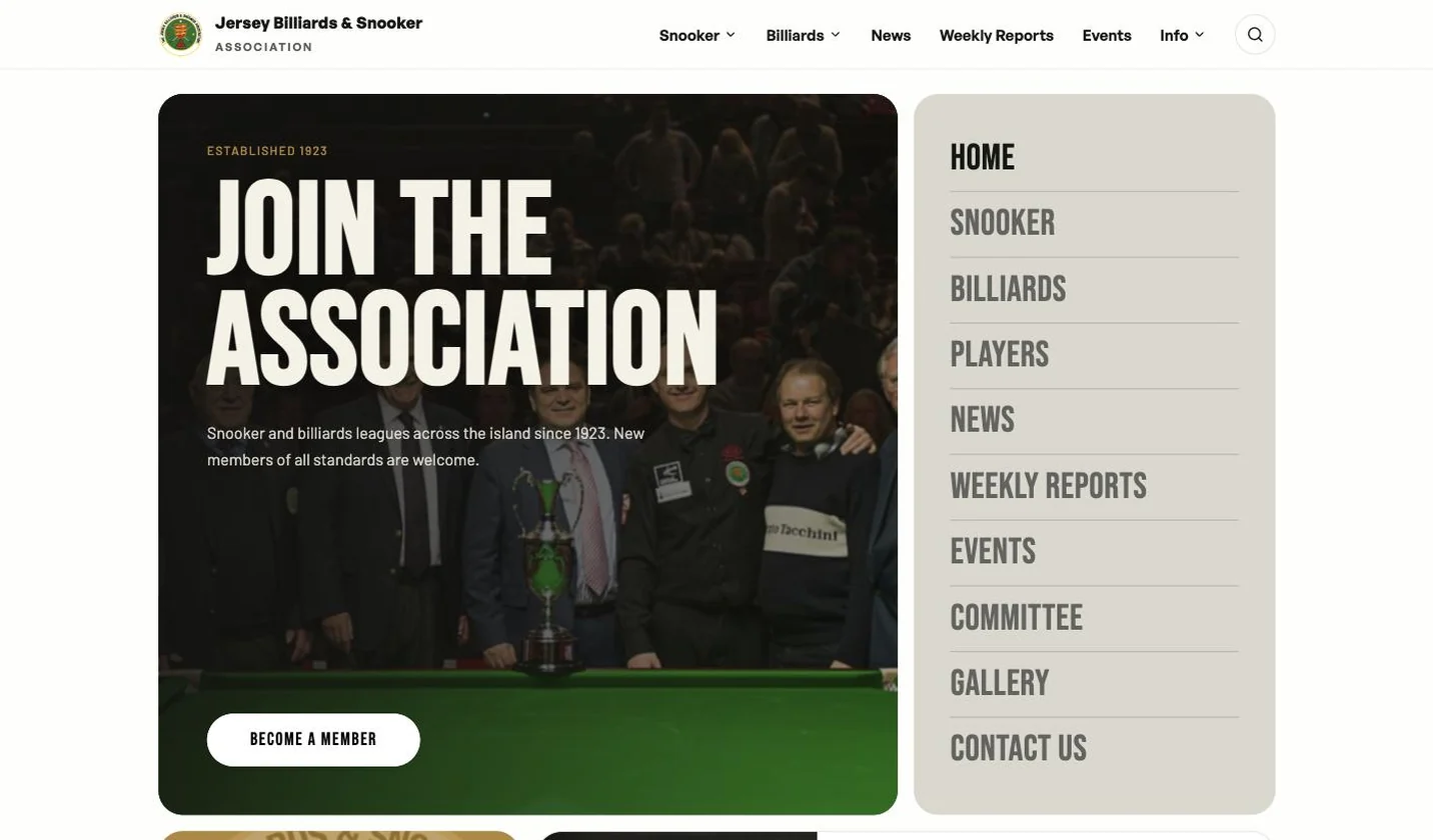 Jersey Billiards & Snooker Association website with automated results and league tables, built by Kc Design