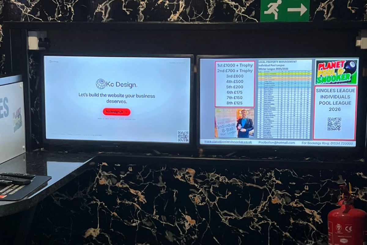 The KC Design advert running on the digital advertising board at Planet Pool & Snooker