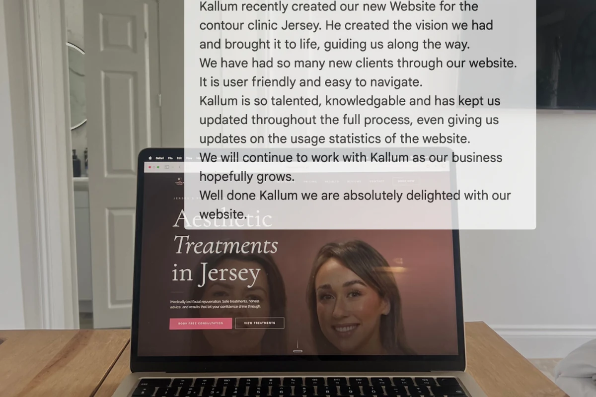 A Jersey client website open on a laptop beside a five-star Google review